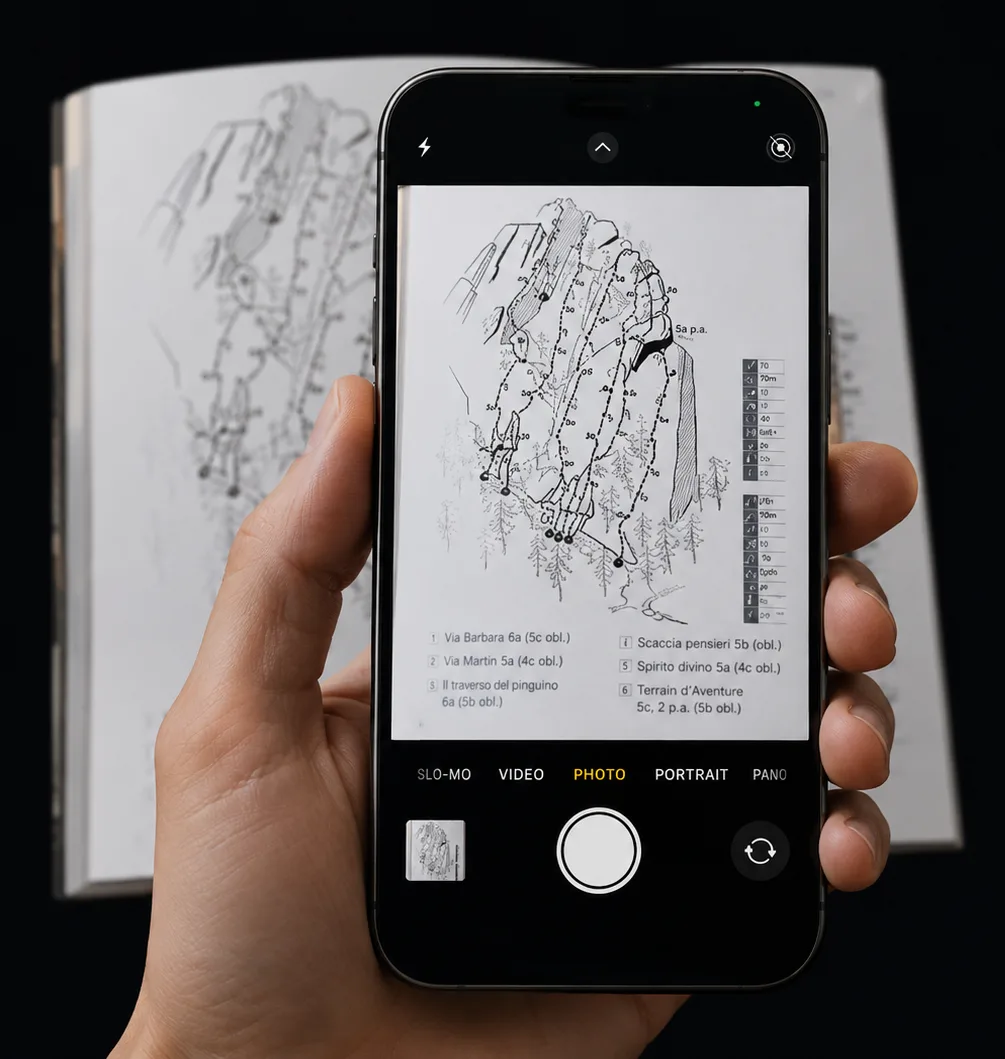 Photographing a printed climbing topo with a phone.