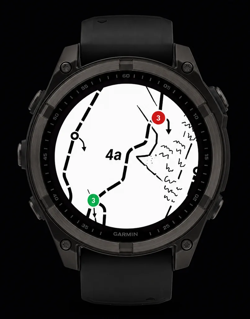 Garmin Fenix on a climber's wrist showing the live topo at pitch 4a.