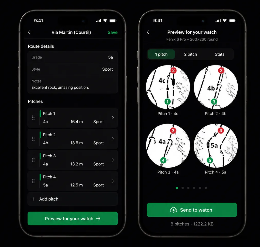 Editing pitch details on the left phone, previewing watch-face layout on the right.